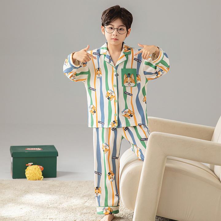 儿童睡衣男童纯棉长袖春秋装中大童卡通水豚宝宝青少年家居服套装