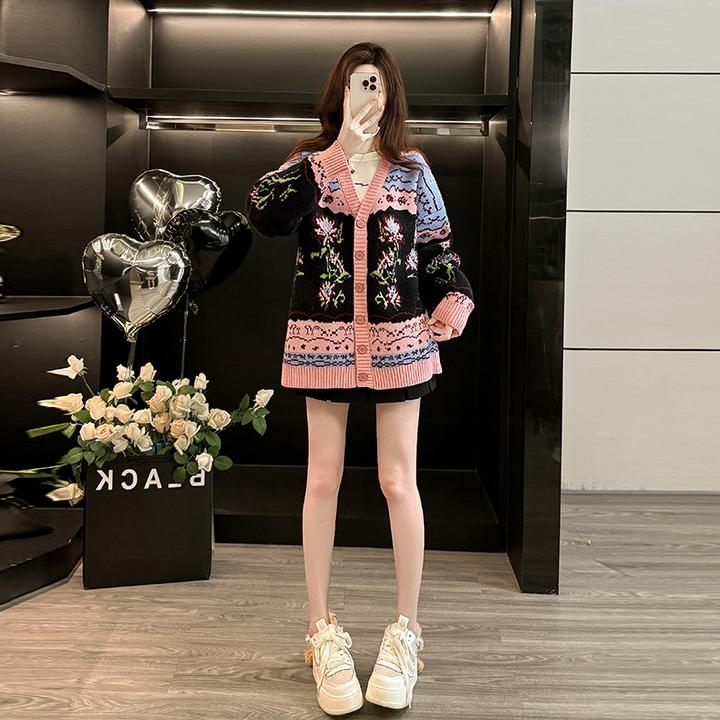 纯欲慵懒风贵气撞色提花加厚中长款毛衣外套女秋冬少女温暖百搭潮