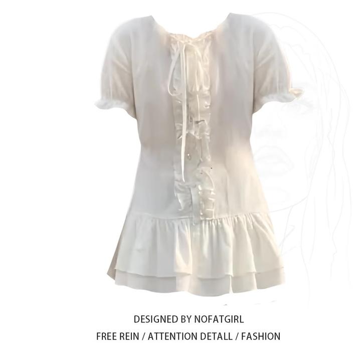 大码胖MM法式甜美蕾丝木耳边短袖衬衫女夏季收腰显瘦小个子短裙