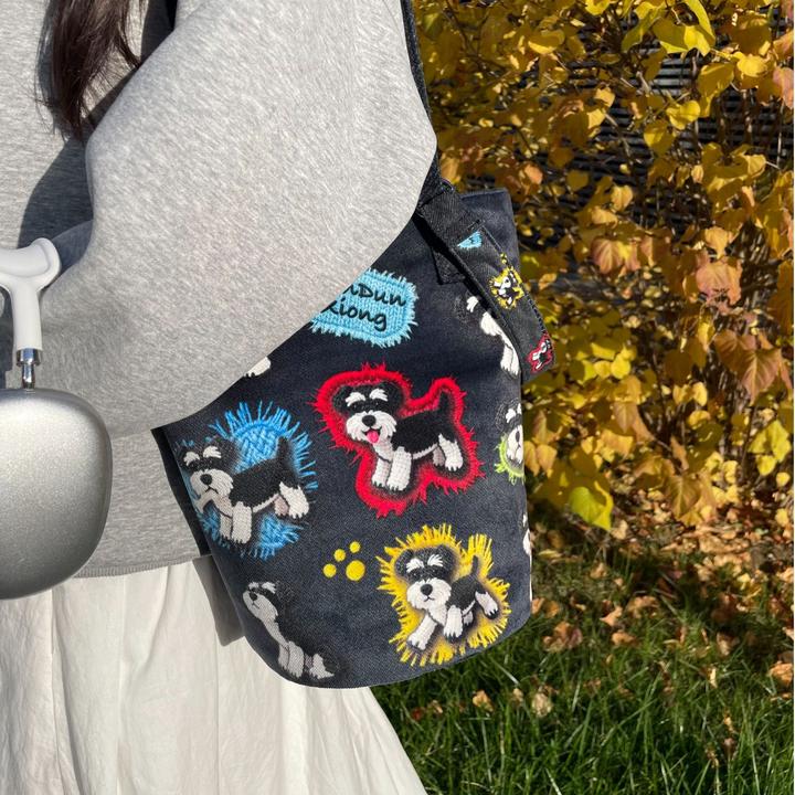 盾盾熊原创水桶包百搭休闲小狗卡通潮流磁扣拉链斜挎手拎单肩包