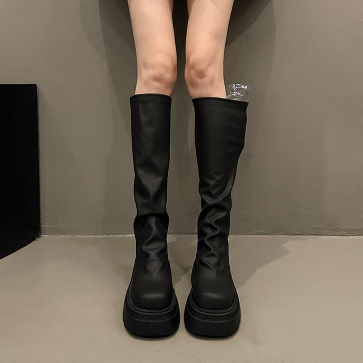 2025新款长靴女厚底高筒显瘦秋冬中筒靴堆堆靴小个子瘦瘦靴子黑色