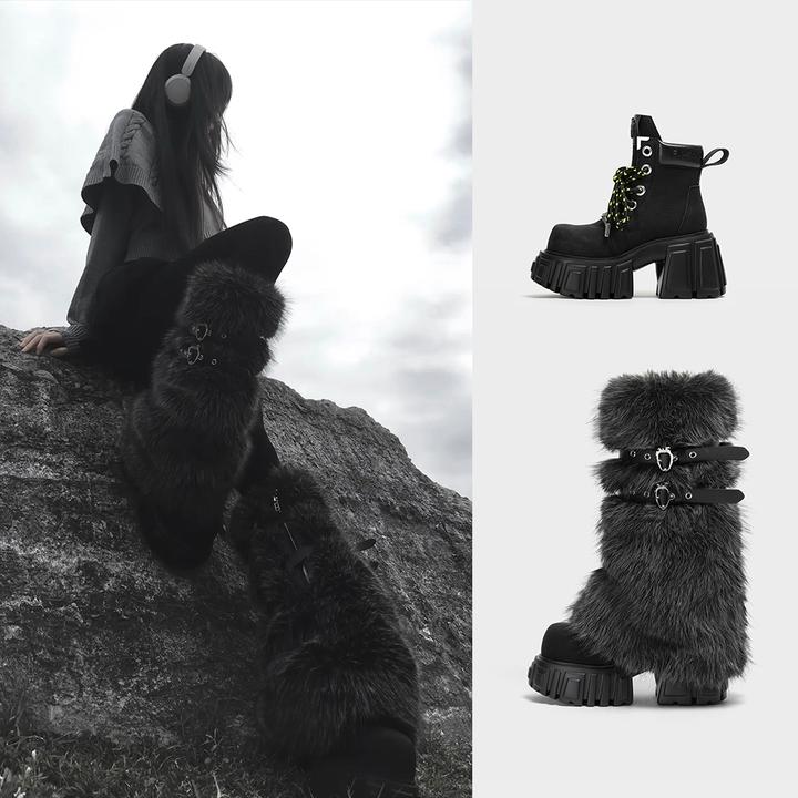 【美依礼芽同款】方元日记FYSPR10cm 厚底增高亚文化毛腿套马丁靴