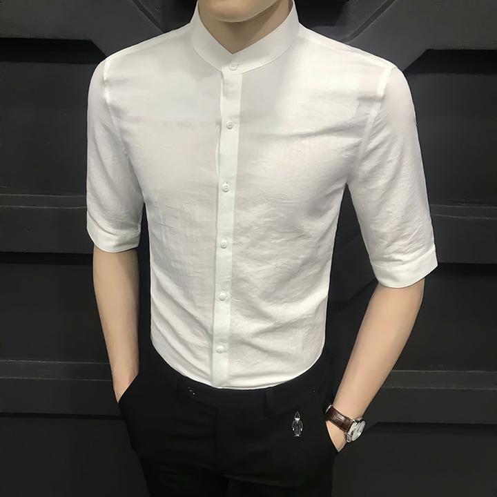 夏季新款中袖衬衫男韩版潮流立领短袖衬衣男士修身休闲薄款寸