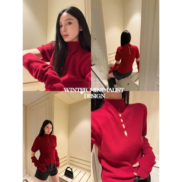 周淼【miu节庆】羊毛混纺可拆袖套半高领五分袖毛衣女ZM25M11020X