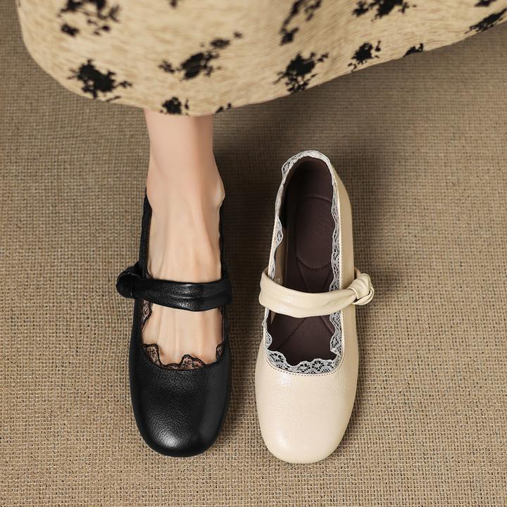 学院风甜美蕾丝花边浅口单鞋高个子圆头软底一字带玛丽珍小皮鞋女
