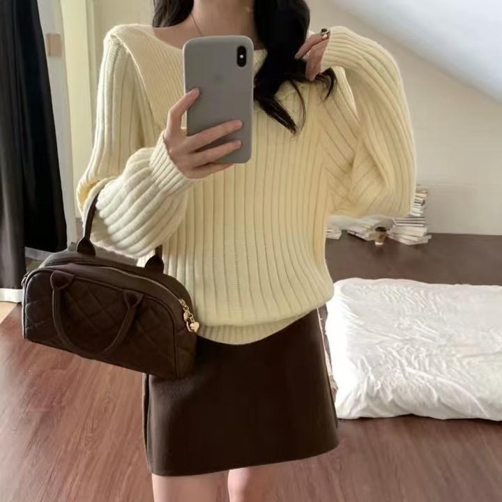 2025新款女装宽松秋冬韩版慵懒风针织秋季一字领毛针织衫