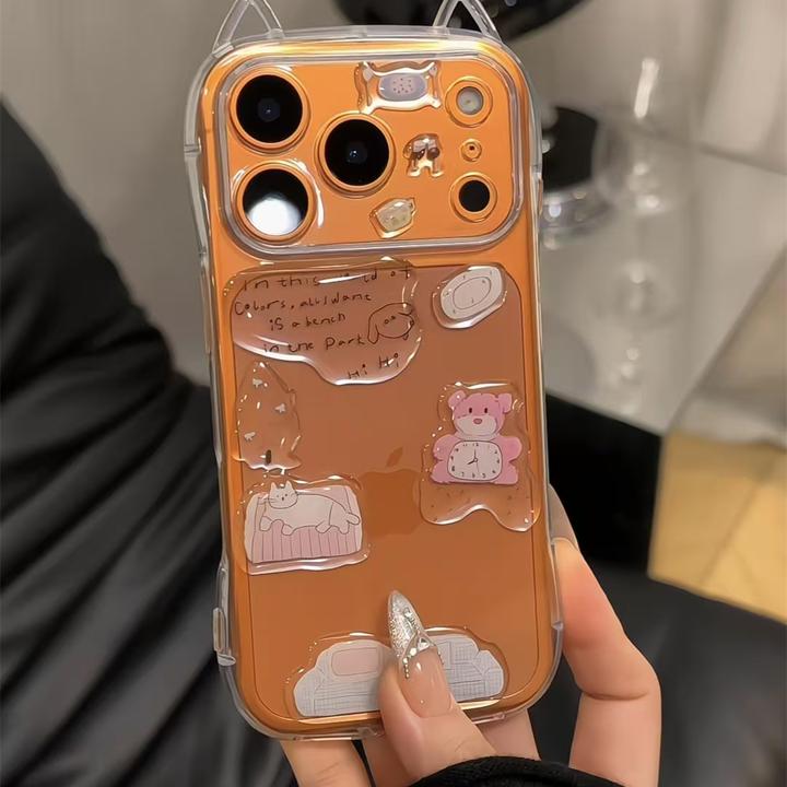 ins风猫咪小熊贴片适用iPhone17/16promax苹果15pro猫耳朵手机壳