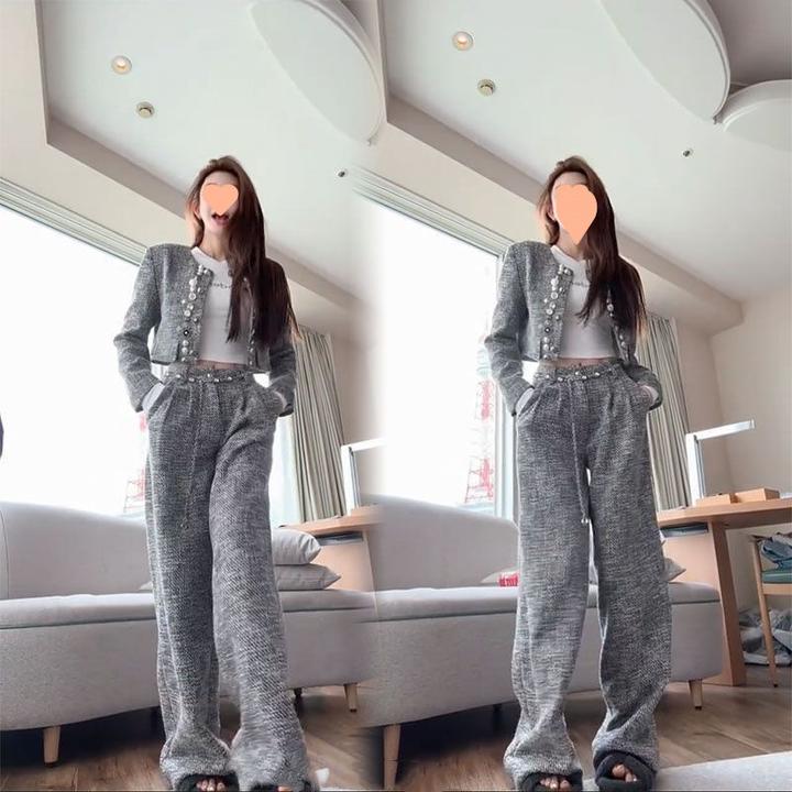 秋季新款高级感小香风套装女灰色短款外套高腰拖地阔腿裤两件套潮