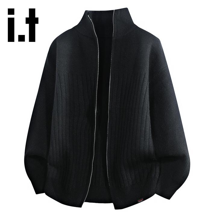 it:CHOCOOLATE黑色立领休闲开衫毛衣2025秋冬新款保暖百搭外套男