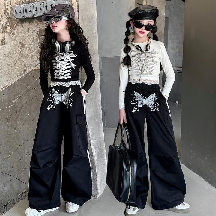 爵士舞女童服装潮酷时髦练功套装春秋新款洋气露脐长袖舞蹈表演服