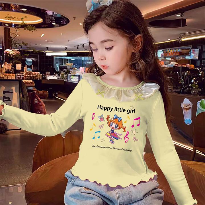 女童长袖圆领t恤时髦洋气春秋薄款卡通女孩印花蕾丝拼接儿童上衣