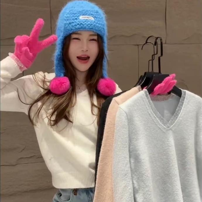 韩版冬季拼接毛针织衫简约休闲风秋冬针织毛衣