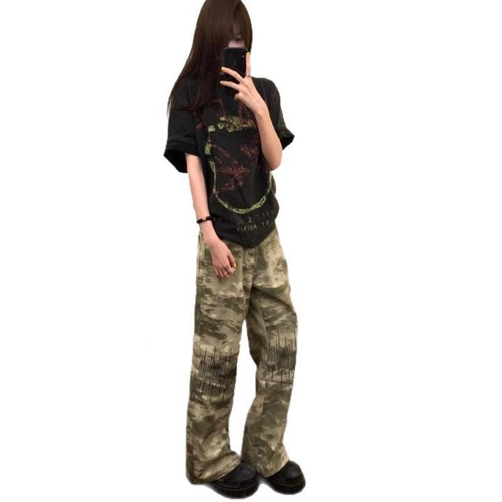 美式复古迷彩刺绣微喇牛仔裤男女街头小众设计感潮牌痞帅高街裤潮