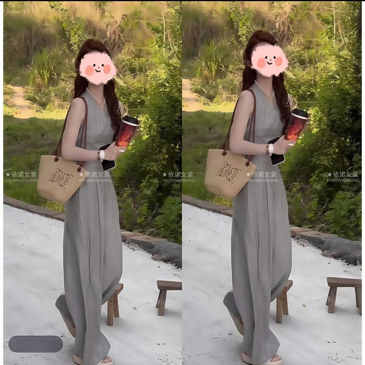 极简巴黎御姐高级感气质领挂脖上衣休闲别致感阔腿裤两件套装女