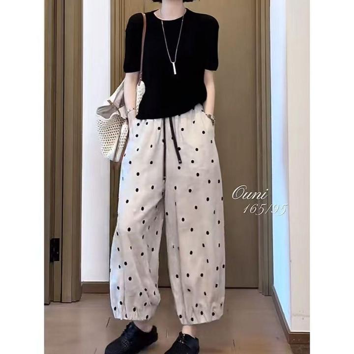 夏季薄款大码宽松灯笼裤女洋气百搭束脚防纹裤高腰显瘦波点休闲裤