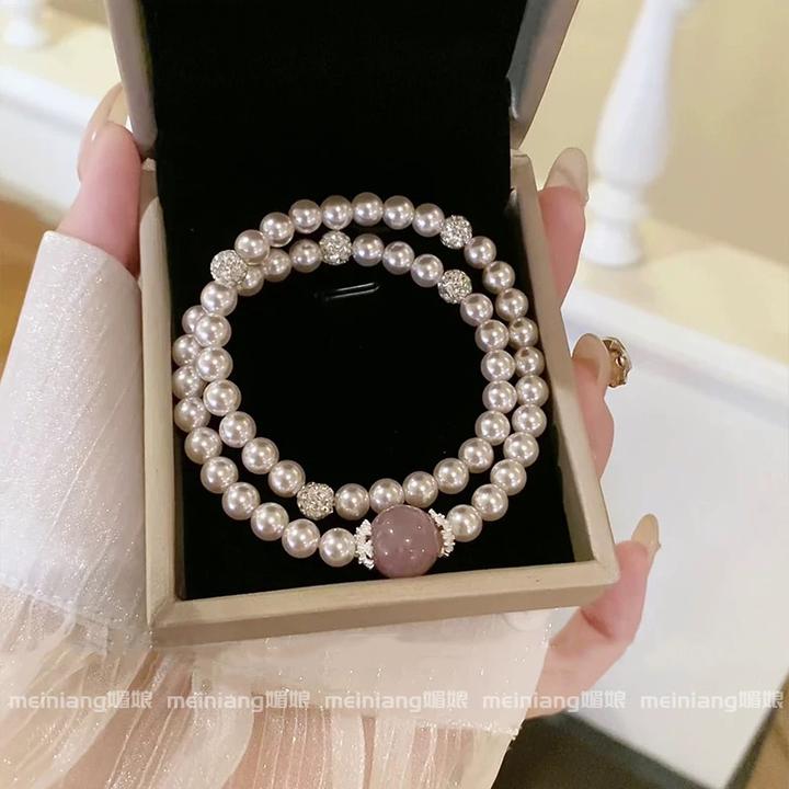 铜合金手链 双层叠戴施家珍珠串珠手链女法式小众女款精致手串