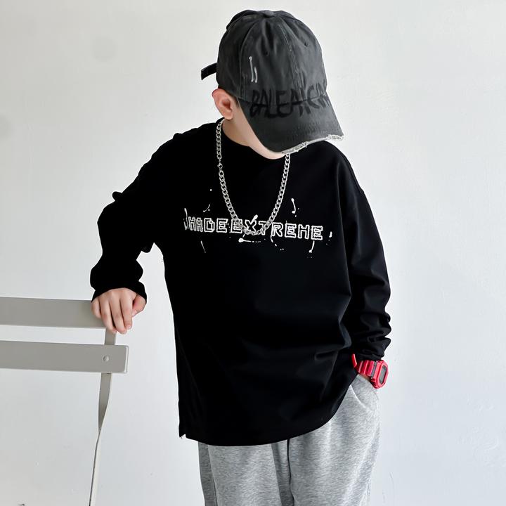 男童黑色纯棉字母长袖T恤春秋2025新款儿童宽松百搭打底衫中大童