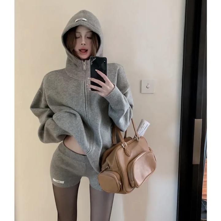慵懒松弛感时尚运动套装连帽御姐风欧美风连帽针织毛衣外套女短裤