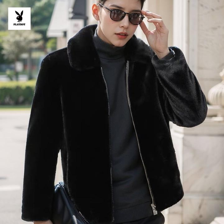花花公子貂皮大衣男士抗寒皮毛一体水貂毛翻领外套仿皮草短款潮
