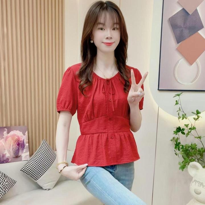 时尚圆领短袖衬衫女夏季新款气质减龄小衫掐腰系带小个子显瘦上衣