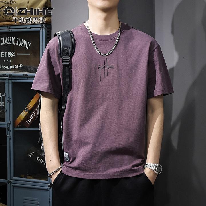 QZHIHE/千纸鹤夏季新款重磅男士男装短袖t恤潮牌纯棉刺绣休闲体恤