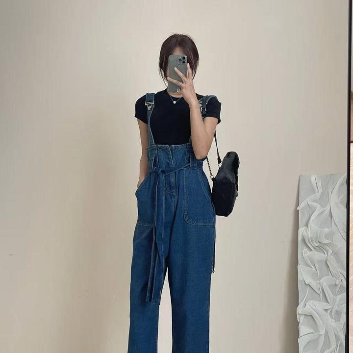 8802#韩版牛仔裤2025新款秋网红背带裤宽松森女系阔腿裤显瘦