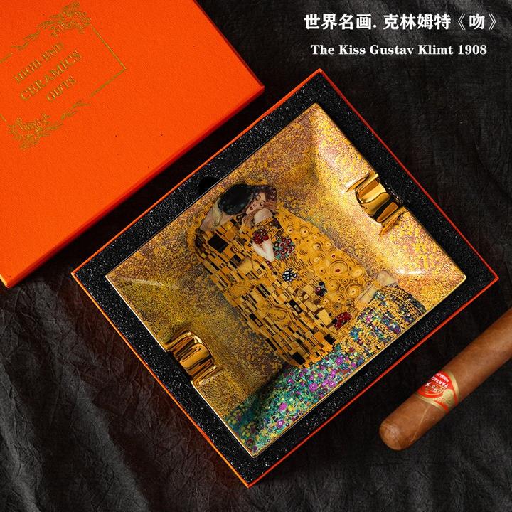 欧式骨瓷雪茄烟灰缸复古创意个性家居陶瓷烟碟装饰礼品世界名画吻