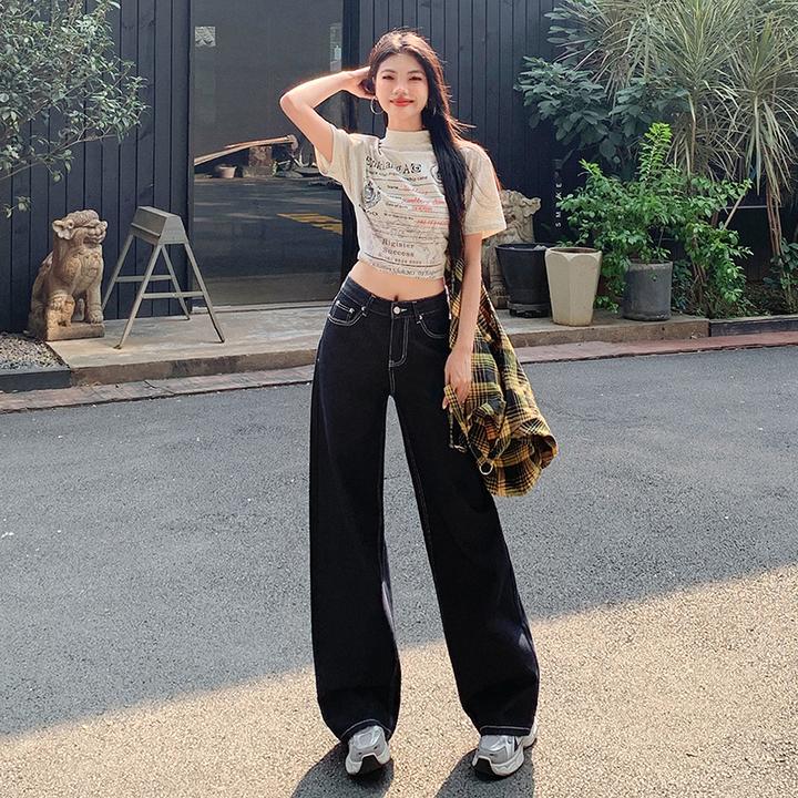 早秋新款时尚深蓝色牛仔裤女新款复古阔腿裤高腰款宽松百搭直筒裤