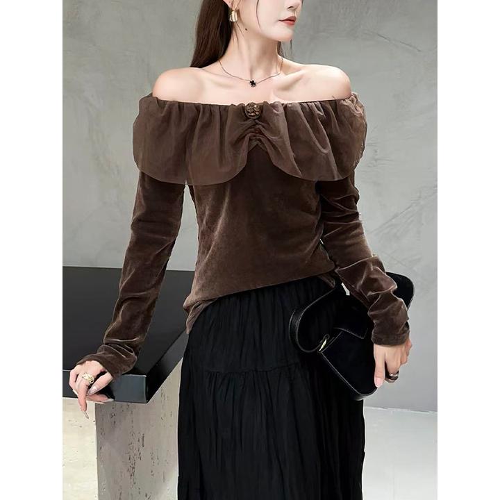 x5167#早秋新款韩版蝴蝶结一字肩金丝绒长袖女宽松显瘦打底衫上衣