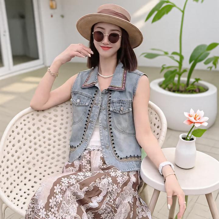 复古时尚花边纹理设计感小个子牛仔马甲女夏季显瘦百搭减龄马夹女
