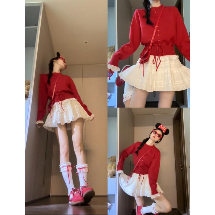 Seven七分糖新年红色毛衣蕾丝拼接系带收腰针织半身裙两件套