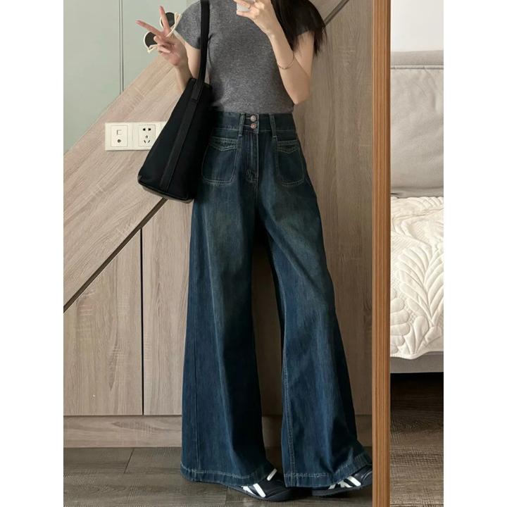 小个子深蓝高腰阔腿裤女2025早秋新款显瘦宽松垂感拖地大码夏季