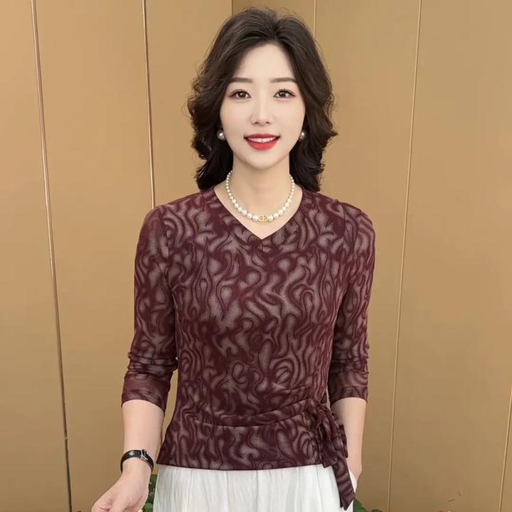 早秋新款时尚V领系带收腰设计感洋气妈妈装显瘦百搭长袖上衣K9810