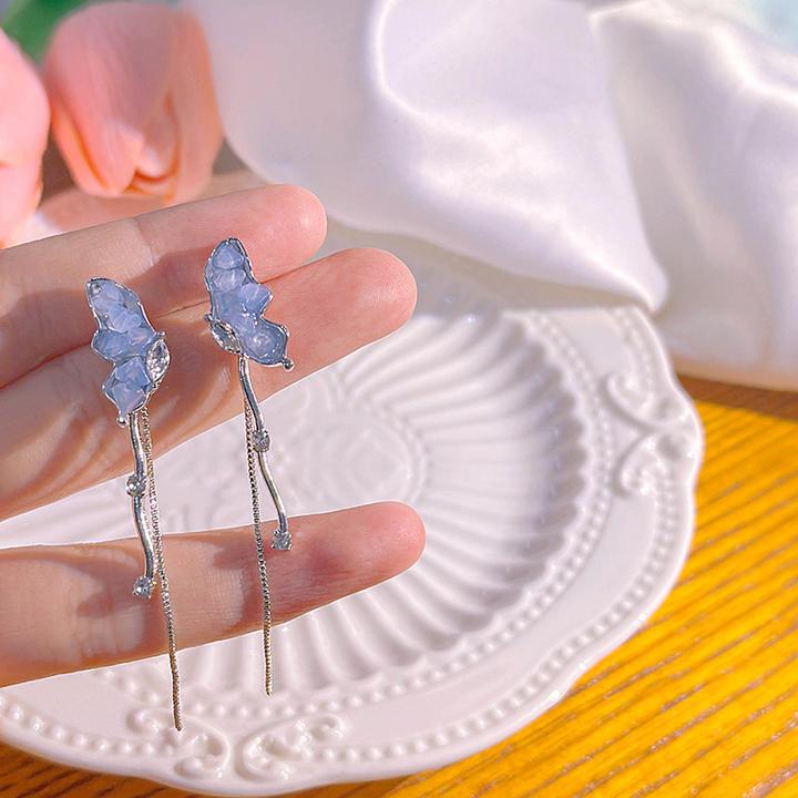 锌合金无非金属耳饰 小清新冰蓝碎石蝴蝶流苏耳环轻奢小众气质