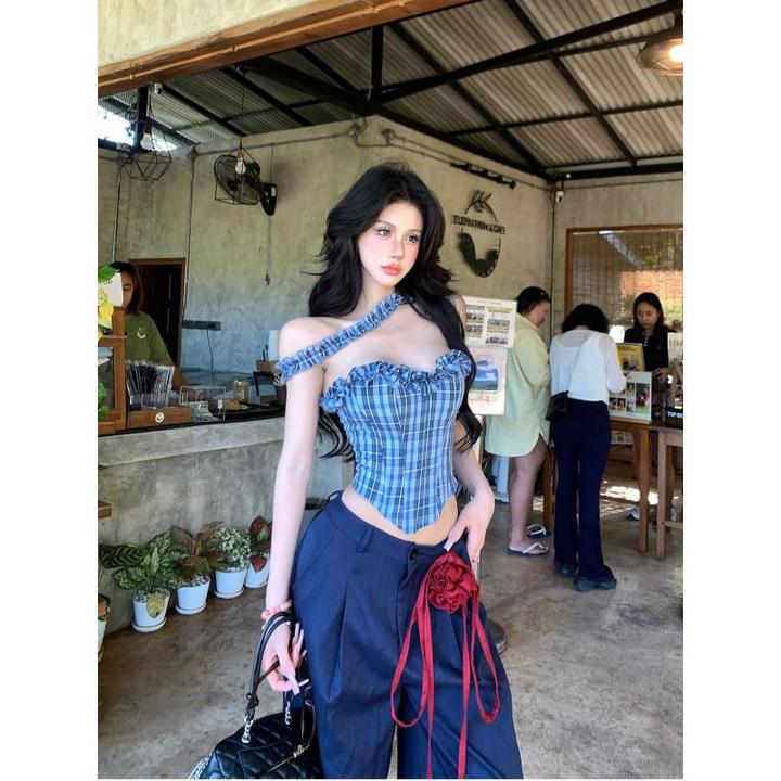 格子吊带抹胸背心女士打底衫内搭夏季新款修身显瘦辣妹短款无袖