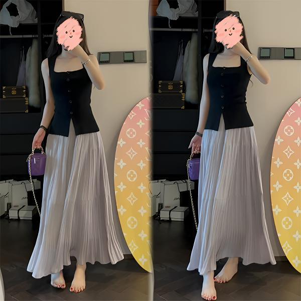 2025夏季通勤时尚新款温柔百搭无袖背心减龄气质显瘦半身裙套装女