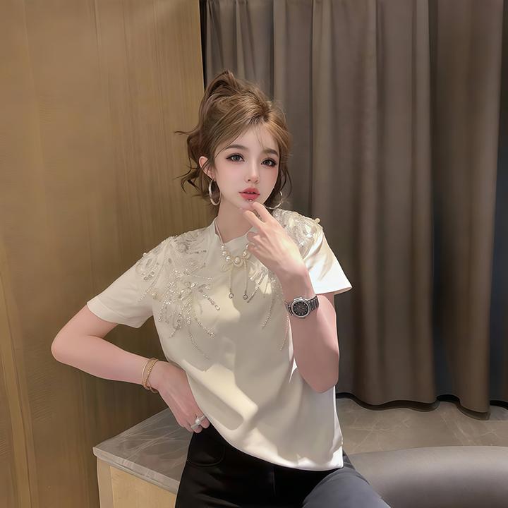 时尚百搭设计感小众重工半袖亮片休闲风修身显瘦T恤衫气质短袖女