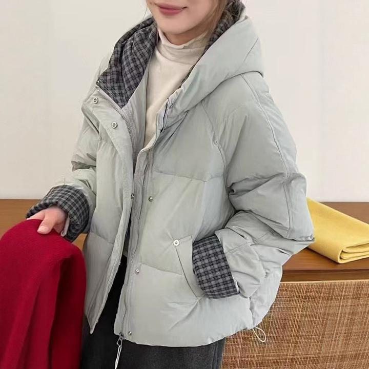 浅蓝色格纹撞色连帽保暖白鸭绒羽绒服女冬2025新款时尚短款小个子