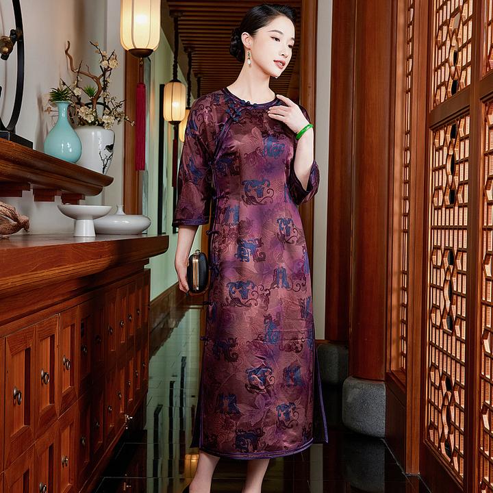 【暮嫣香落】100%桑蚕丝重缎香云纱40姆改良袍子玫紫国风旗袍W25192