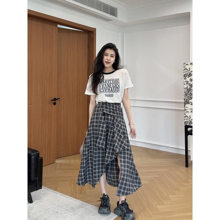 【现货】张阿星薄款竹节麻针织短袖+不规则格子裙裤 W425X07729