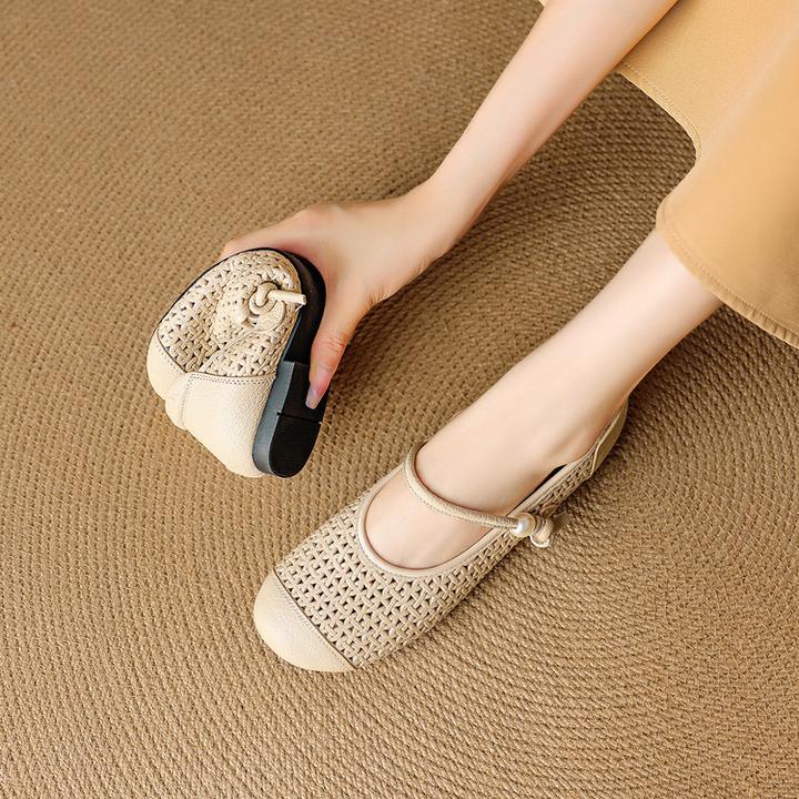 绝美巨好看巨软羊皮镂空透气编织单鞋女浅口平底鞋软底舒适玛丽珍