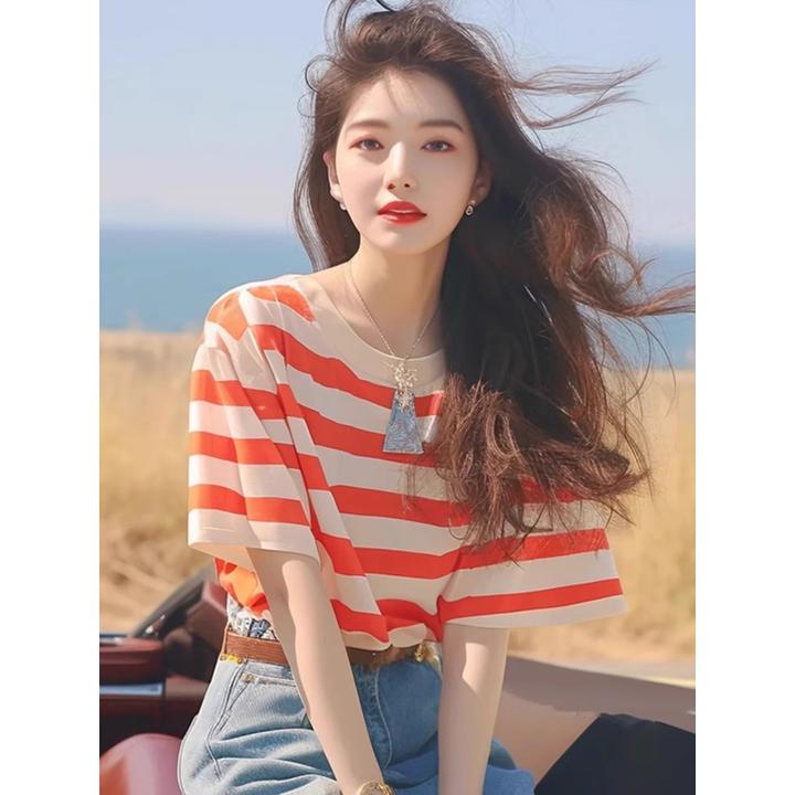 夏季新款小衫韩系chic洋气独特别致漂亮上衣时尚百搭条纹短袖T恤