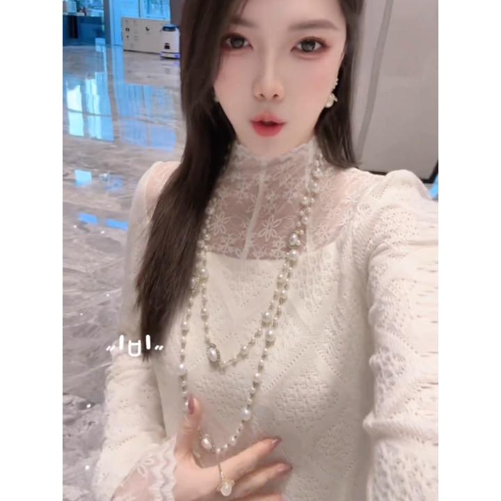 法式半高领蕾丝内搭女2025秋冬优雅感显嫩气质叠穿打底小衫上衣