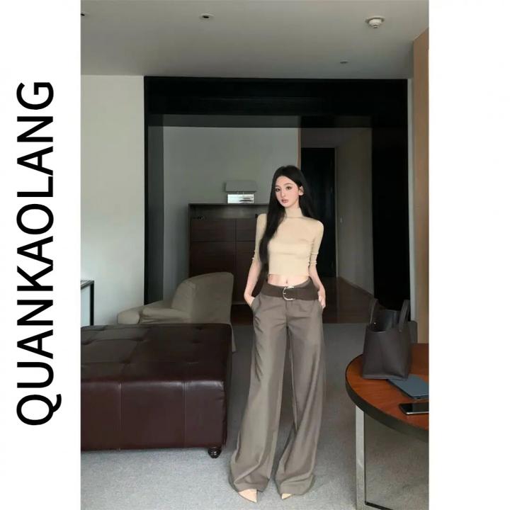 时尚简约半高领针织衫配直筒阔腿裤两件套复古港风通勤装