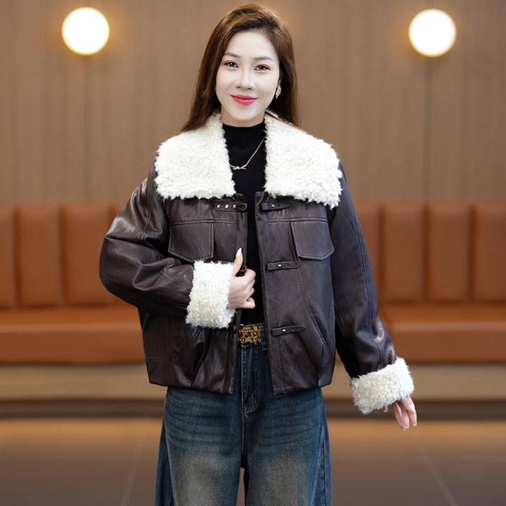 时尚加厚加绒短款皮衣外套女冬季新款美式复古工装风翻领保暖夹克