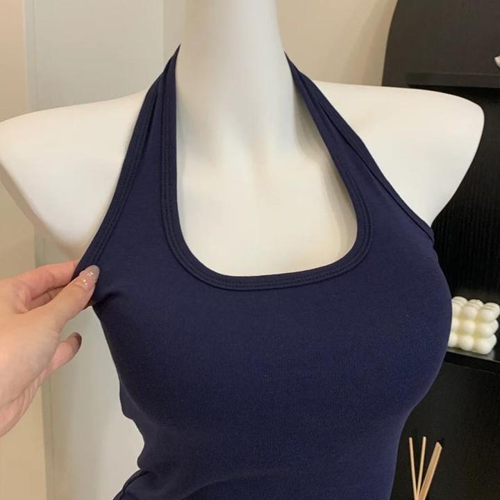 纯棉U型领挂脖吊带背心女纯色外穿新款初夏穿搭bm风露背性感上衣