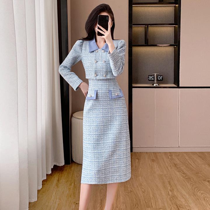 mnnz158法式优雅时尚小香风吊带毛呢裙短外套显瘦蓝色两件套2025