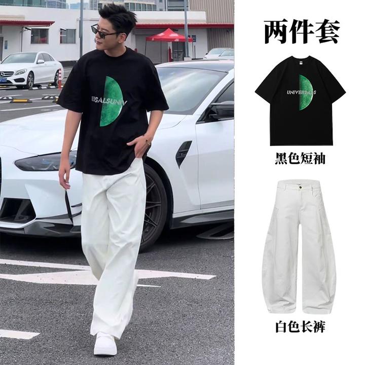 日系小清新纯棉短袖夏季男士个性印花T恤痞帅男装搭配休闲裤套装