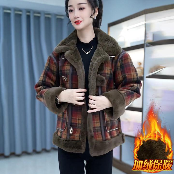 设计感加绒加厚格子短外套女2024年冬季新款洋气复古保暖夹克上衣