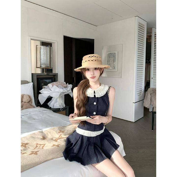 2025夏季新款纯欲甜美风花边领无袖牛仔上衣女配显瘦牛仔半身裙